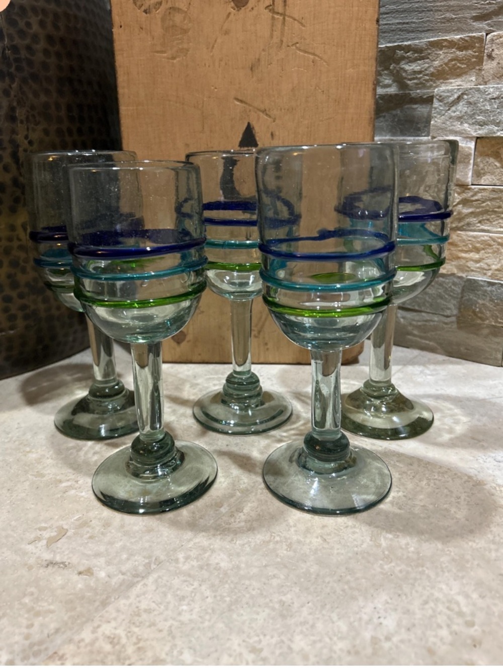 5 hand-blown Mexican Striped wine glasses